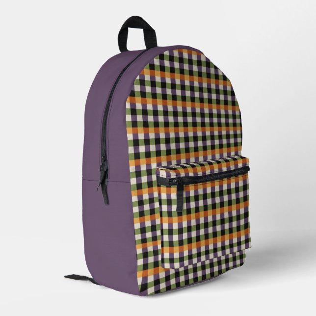 Halloween green, purple & black gingham pattern printed backpack (Back Corner Left)