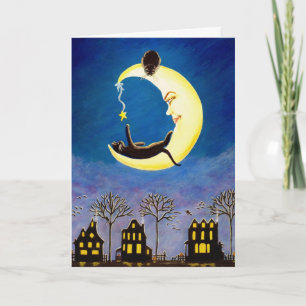Halloween,greeting,card,black,cat,witch,moon Card