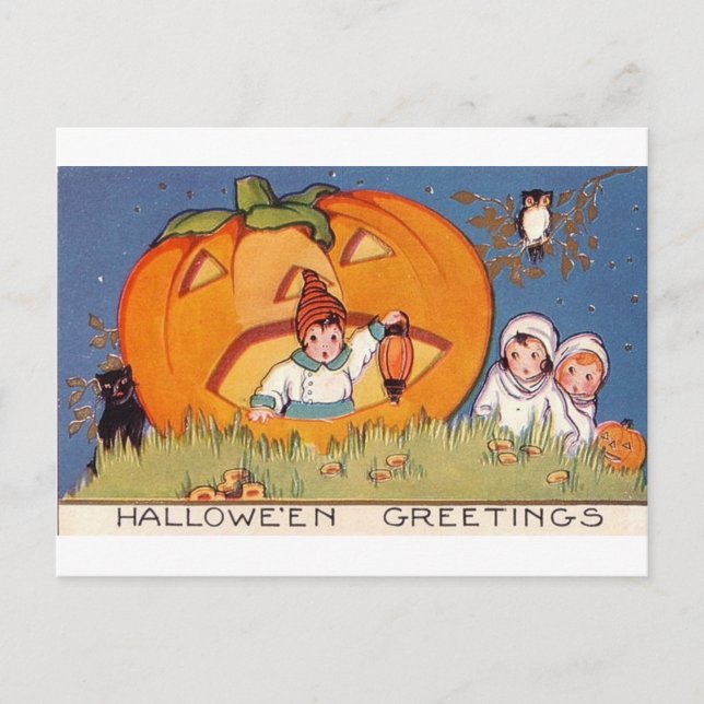 Halloween Greeting Kids, Pumpkin, Owl Postcard (Front)