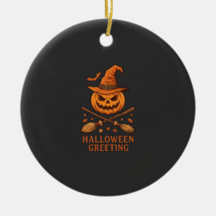 Halloween Greeting Pumpkin Witch Hat Crossed Broom Ceramic Ornament