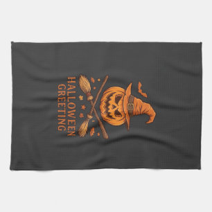 Halloween Greeting Pumpkin Witch Hat Crossed Broom Kitchen Towel