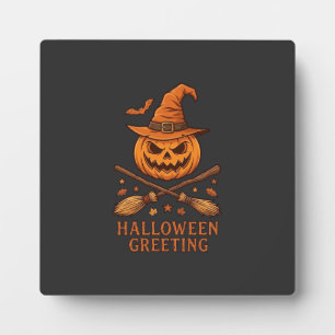 Halloween Greeting Pumpkin Witch Hat Crossed Broom Plaque