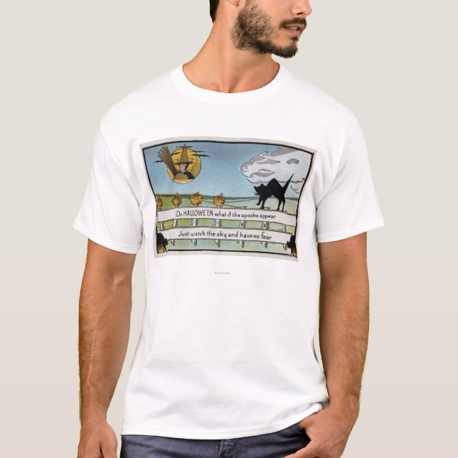 Halloween GreetingCat on Fence T-Shirt (Front)