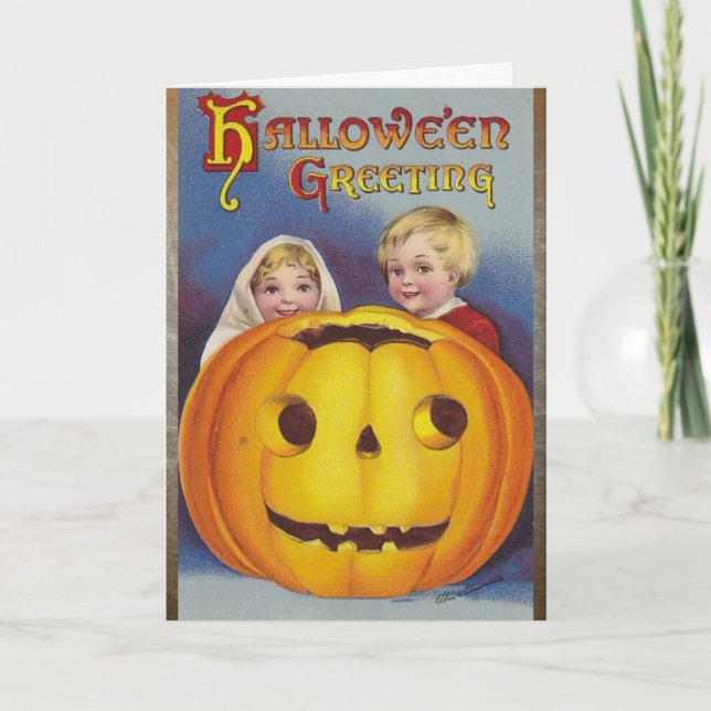 Halloween Greetings! Cute Kids with Pumpkin Card (Front)