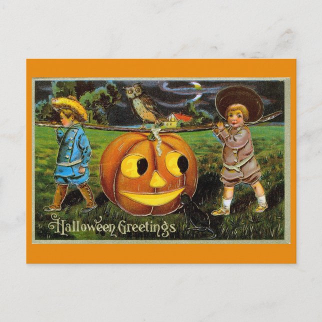 Halloween Greetings Cute Vintage Kids Pumpkin Postcard (Front)