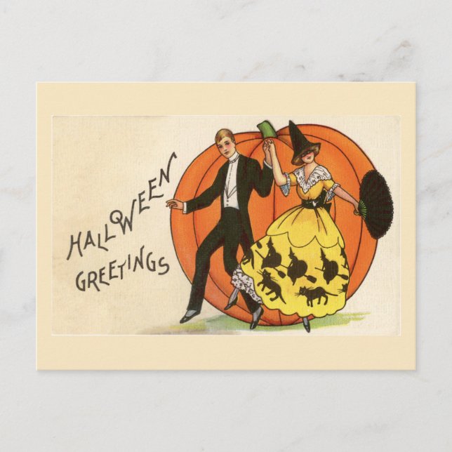 Halloween Greetings Dancing Couple Pumpkin Vintage Postcard (Front)