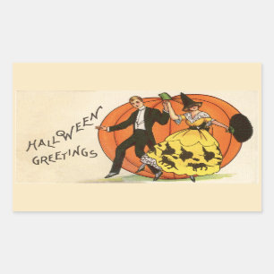 Halloween Greetings Dancing Couple Pumpkin Vintage Sticker