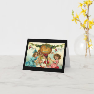 Halloween Greetings Pumpkin & Girls Vintage Card