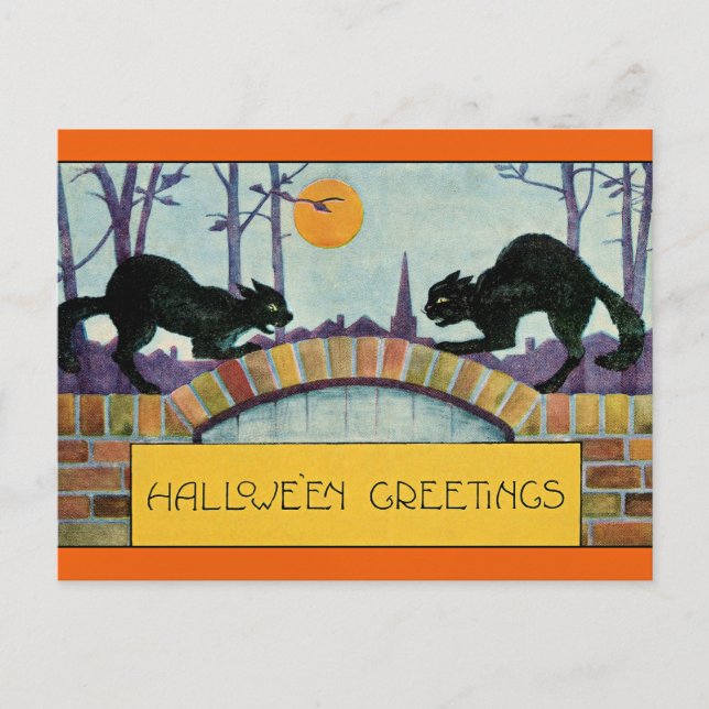 Halloween Greetings, Two Black Cats, Postcard (Front)