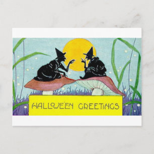 Halloween Greetings Witches on Mushrooms Postcard