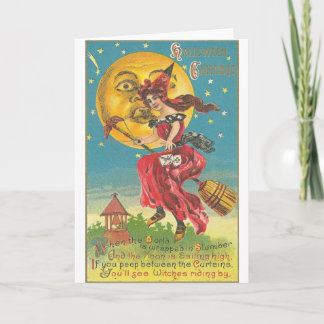 Halloween Greetings Woman On Broom Card