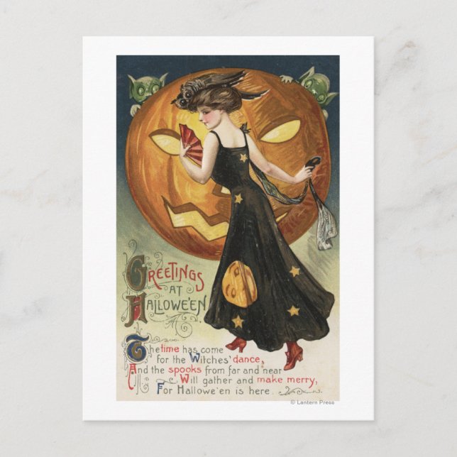 Halloween GreetingWitch Dancing and Pumpkin Postcard (Front)