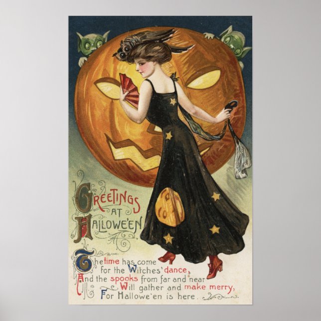 Halloween GreetingWitch Dancing and Pumpkin Poster (Front)