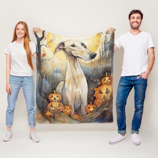 Halloween Greyhound With Pumpkins Scary Fleece Blanket (In Situ)