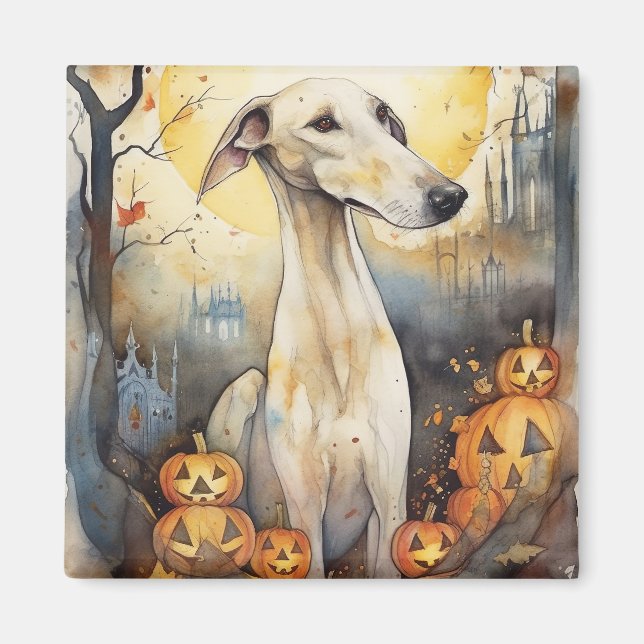 Halloween Greyhound With Pumpkins Scary Magnet (Front)