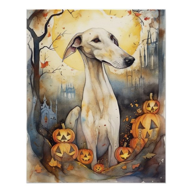 Halloween Greyhound With Pumpkins Scary Poster (Front)
