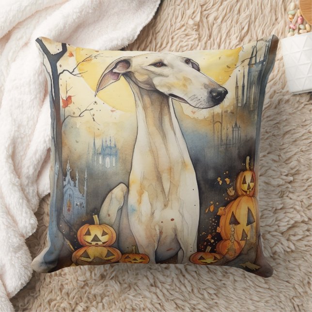 Halloween Greyhound With Pumpkins Scary Throw Pillow (Blanket)