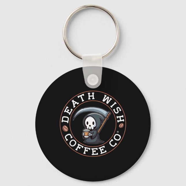 Halloween Grim Reaper Drinking Coffee Death Wish Keychain (Front)