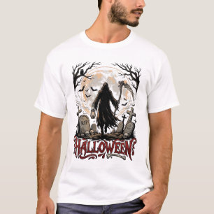 Halloween Grim Reaper Lantern Full Moon Tombstones T-Shirt