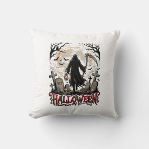 Halloween Grim Reaper Lantern Full Moon Tombstones Throw Pillow
