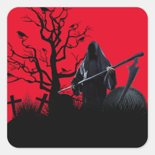 Halloween Grim Reaper Red Night Square Sticker