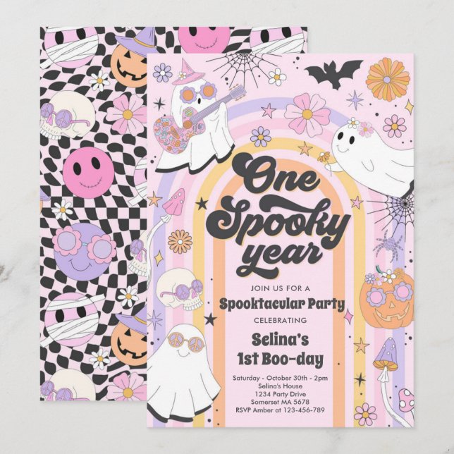 Halloween Groovy Cute Ghost 1st Birthday Party Invitation (Front/Back)