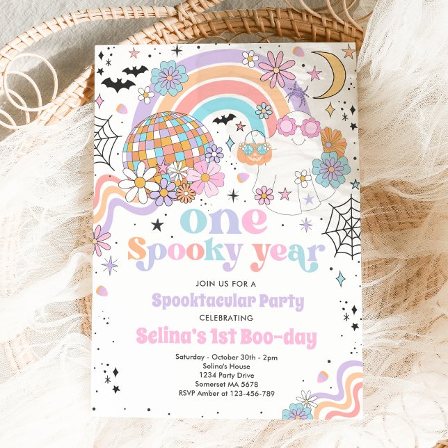 Halloween Groovy Cute Ghost 1st Birthday Party Invitation (Creator Uploaded)