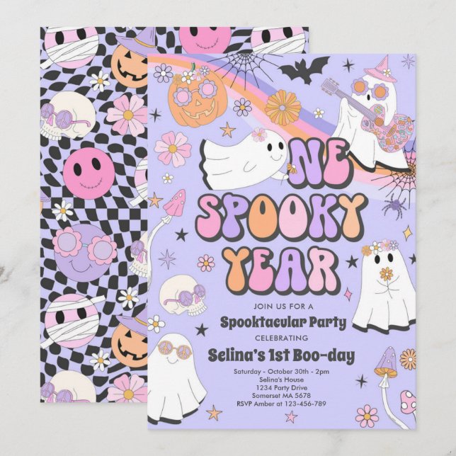 Halloween Groovy Cute Ghost 1st Birthday Party Invitation (Front/Back)