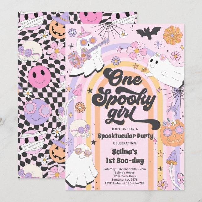 Halloween Groovy Cute Ghost 1st Birthday Party Invitation (Front/Back)