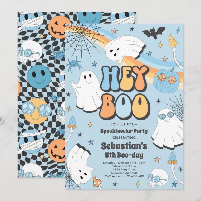 Halloween Groovy Cute Ghost Hey Boo Birthday Party Invitation (Front/Back)