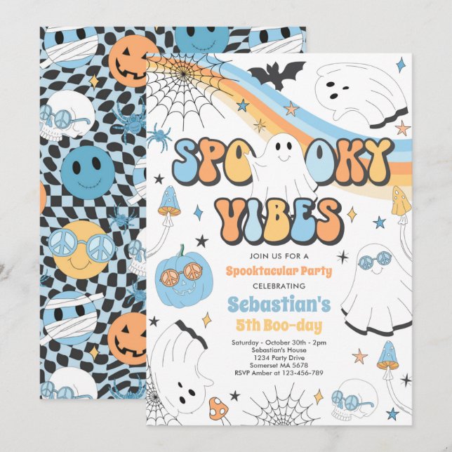 Halloween Groovy Cute Ghost Spooky Vibes Birthday Invitation (Front/Back)