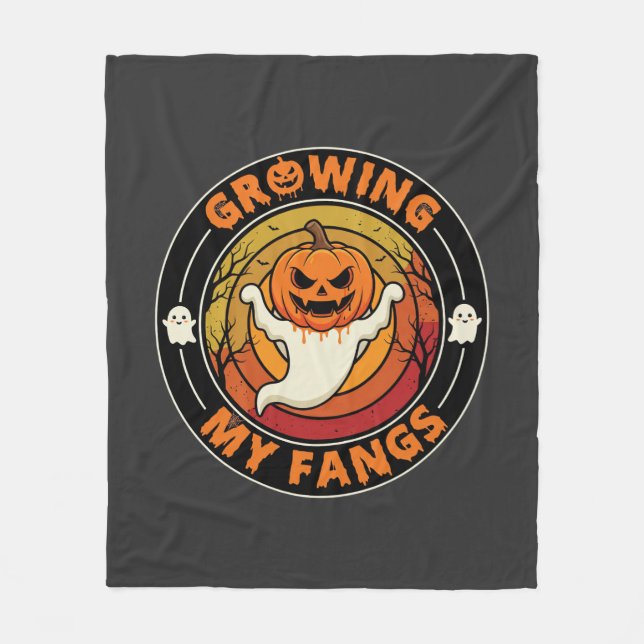 Halloween Growing My Fangs Ghost Pumpkin Fleece Blanket (Front)