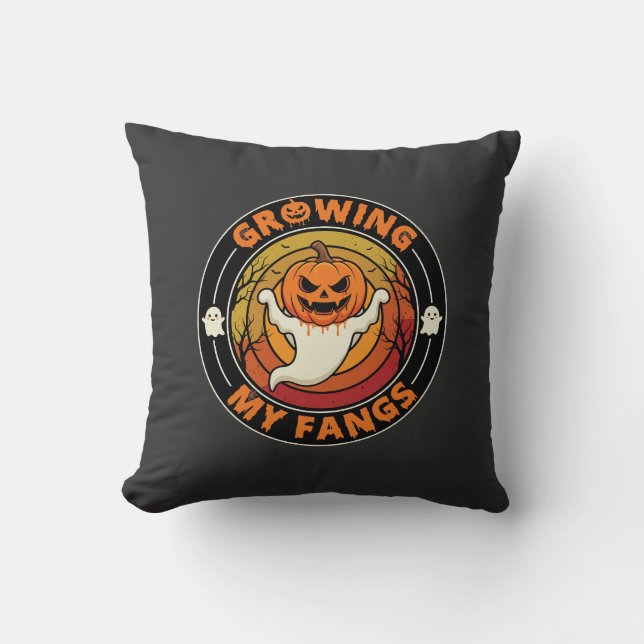 Halloween Growing My Fangs Ghost Pumpkin Throw Pillow (Front)