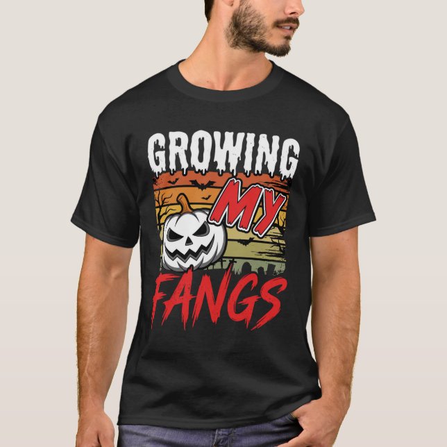 Halloween Growing My Fangs Vampire Pumpkin T-Shirt (Front)