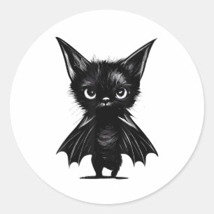 Halloween Grumpy Black Kitten In Bat Costume Classic Round Sticker