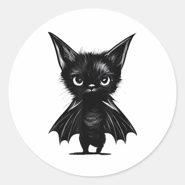 Halloween Grumpy Black Kitten In Bat Costume Classic Round Sticker (Front)