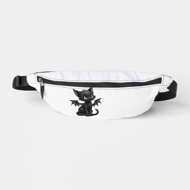 Halloween Grumpy Black Kitten In Bat Costume Fanny Pack (Front)