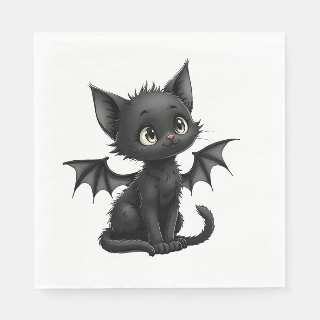 Halloween Grumpy Black Kitten In Bat Costume Napkin (Front)