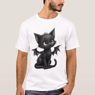 Halloween Grumpy Black Kitten In Bat Costume T-Shirt