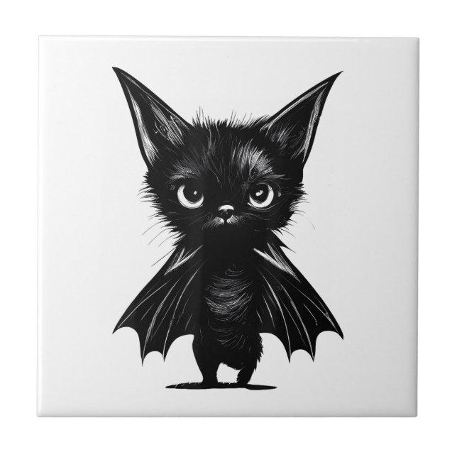 Halloween Grumpy Black Kitten In Bat Costume Tile (Front)