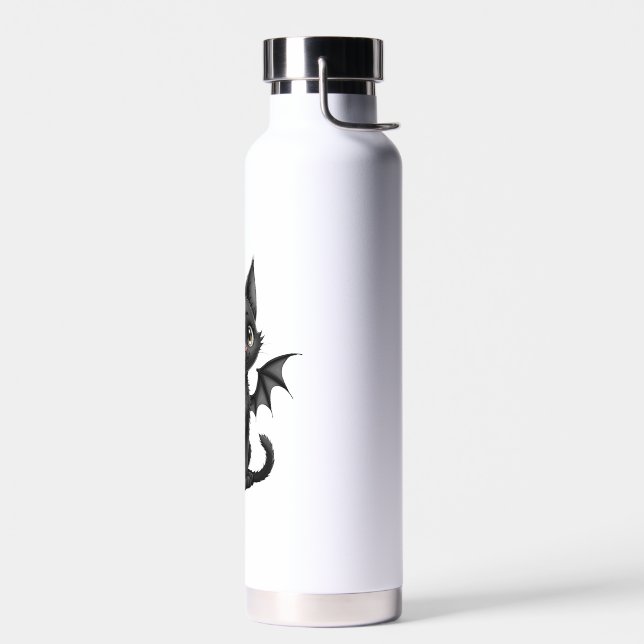 Halloween Grumpy Black Kitten In Bat Costume Water Bottle (Left)