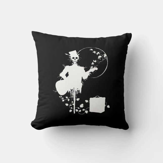 Halloween Guitar Rock & Roll Skeleton Guitarist Throw Pillow (Front)