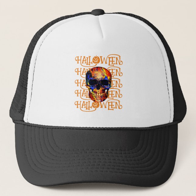  HALLOWEEN HALLOWEEN ABSTRACT SKULL TRUCKER HAT (Front)