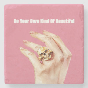 Halloween Hand Pink Nail Polish Skull Ring Stone Coaster