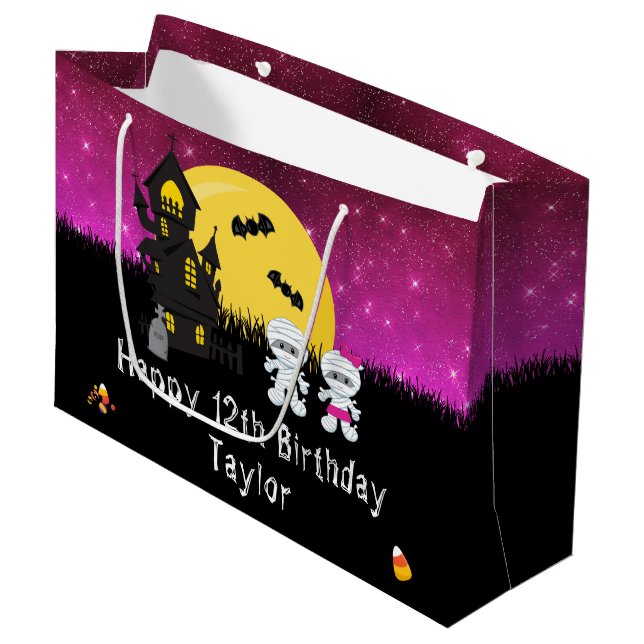 Halloween Happy Birthday Mummy Dark Pink Large Gift Bag (Front Angled)