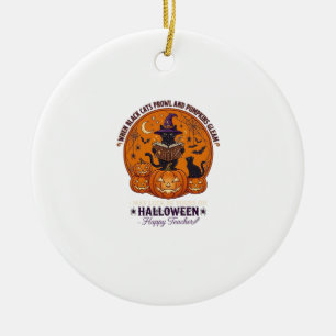 Halloween Happy Teacher Black Cat Witch Hat Pumpki Ceramic Ornament