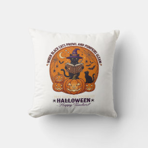 Halloween Happy Teacher Black Cat Witch Hat Pumpki Throw Pillow