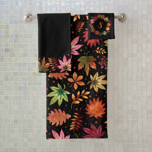 Halloween Harvest Fall Autumn Leaves Monogram Bath Towel Set (Halloween Harvest Fall Autumn Leaves Monogram Bath Towel Set)