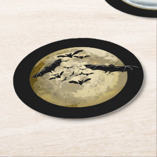 Halloween Harvest Full Moon And Night Flight Bats Round Paper Coaster