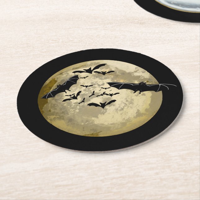 Halloween Harvest Full Moon And Night Flight Bats Round Paper Coaster (Angled)